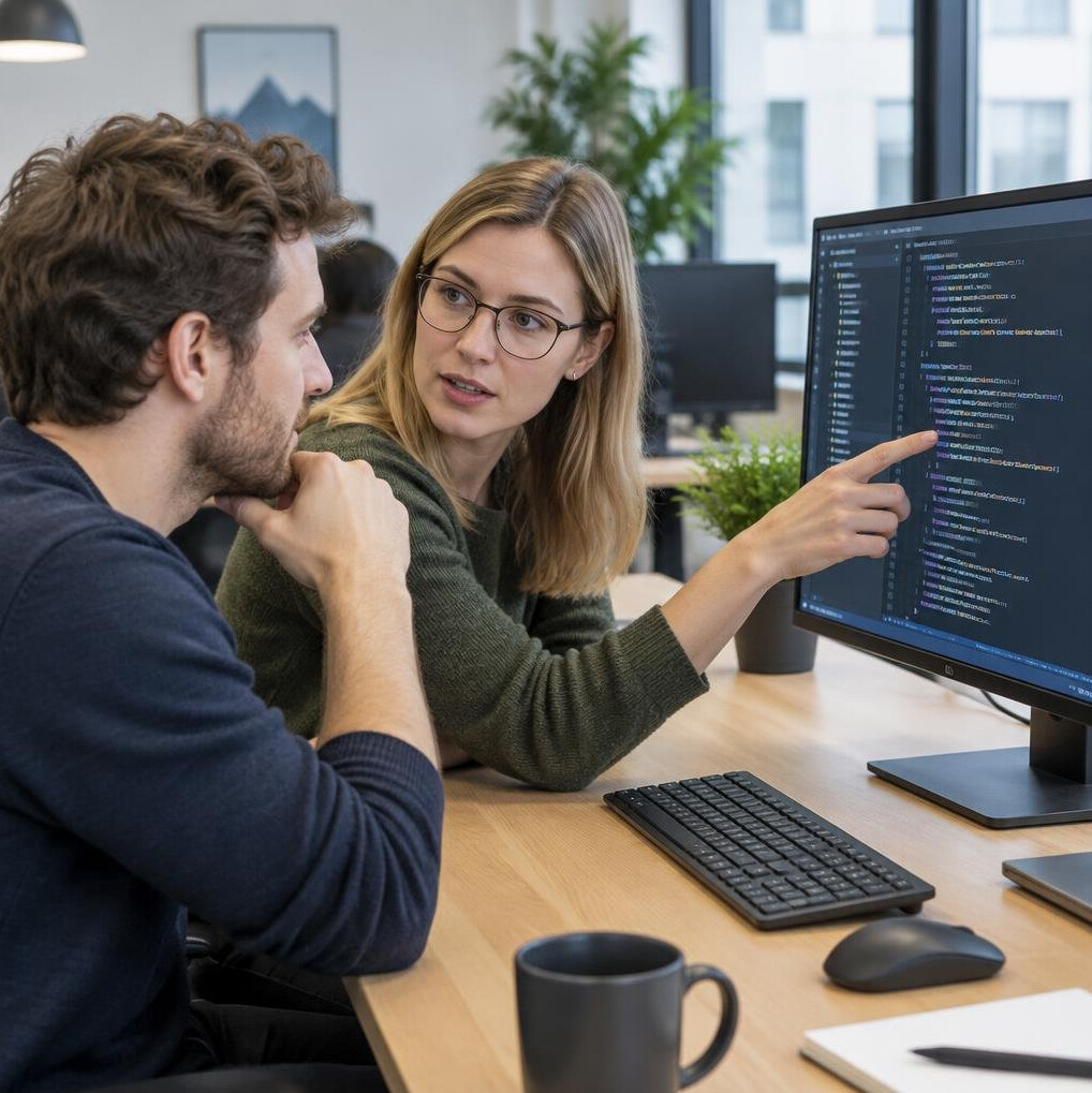 Two developers reviewing code together on a desktop monitor