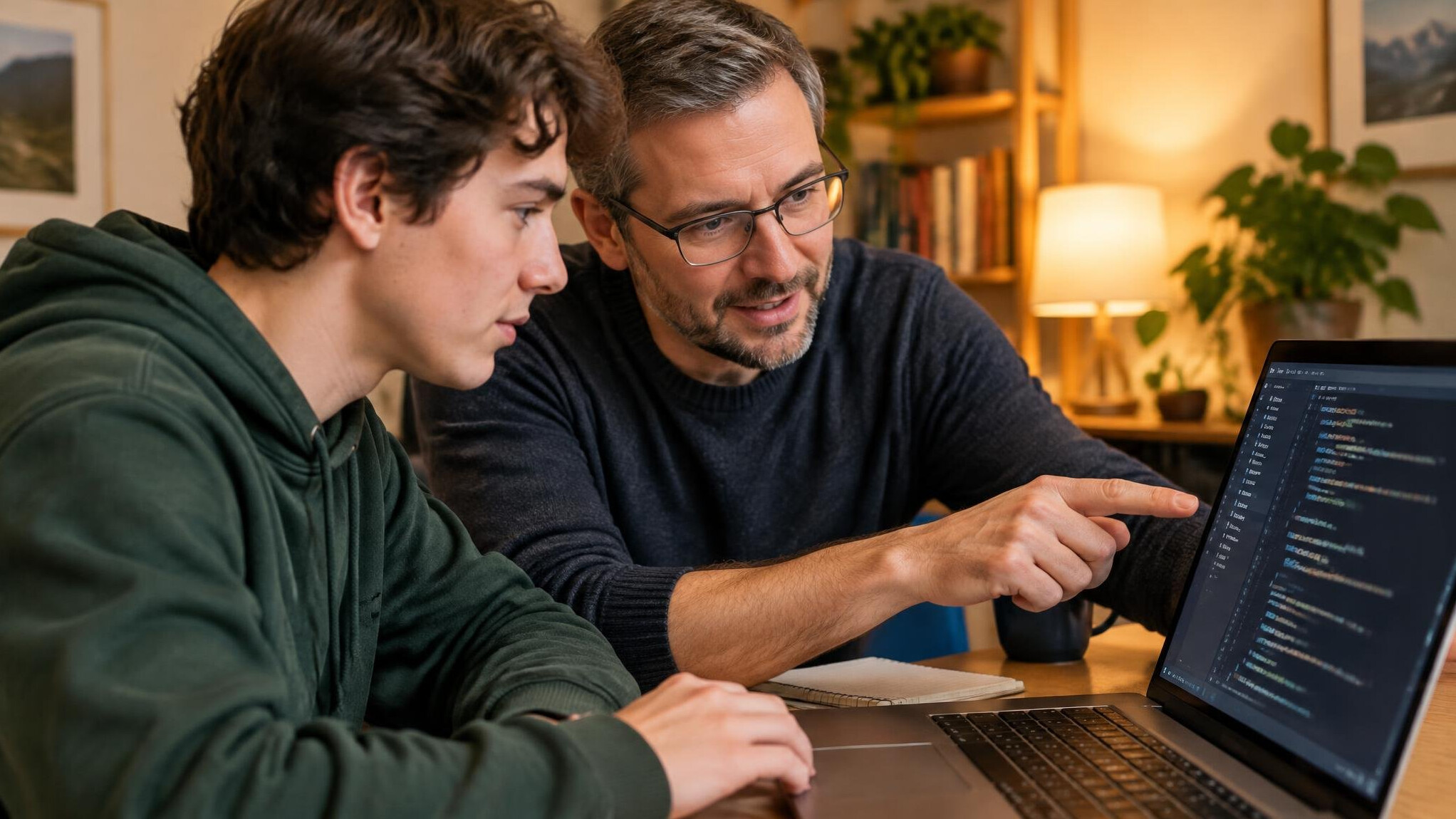 Mentor and student discussing code on a laptop screen