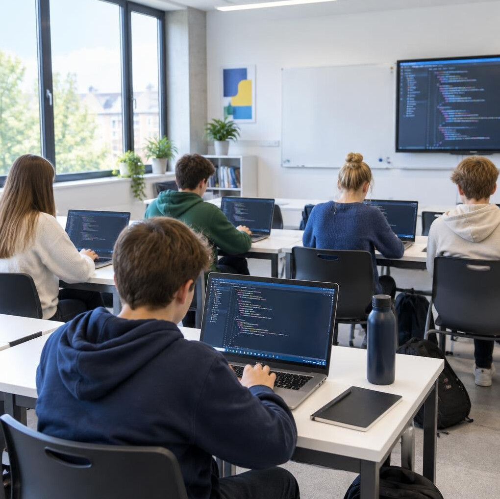 Students working together at laptops in a bright classroom
