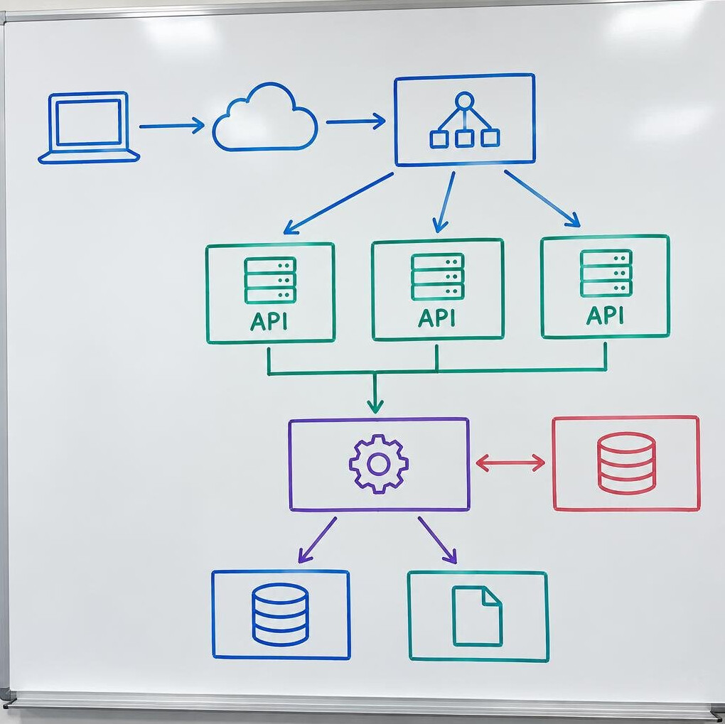 Close-up of a whiteboard with a diagram of a software architecture