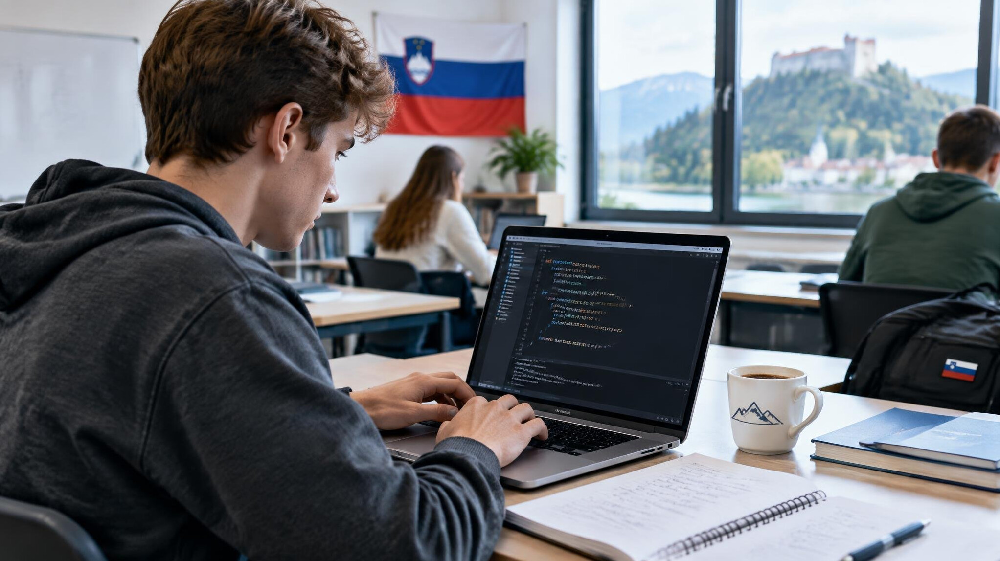 Young developer writing code on a laptop in a bright classroom